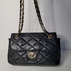 Black Quilted Handbag Gold Stud  Accents Chain Strap Lined Paradox Leather